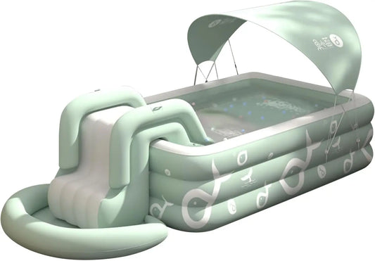 Shaded Summer Swimming Pool. The Outdoor Inflatable Swimming Pool has a Built-in Slide. Above Ground Swimming Pools for Children
