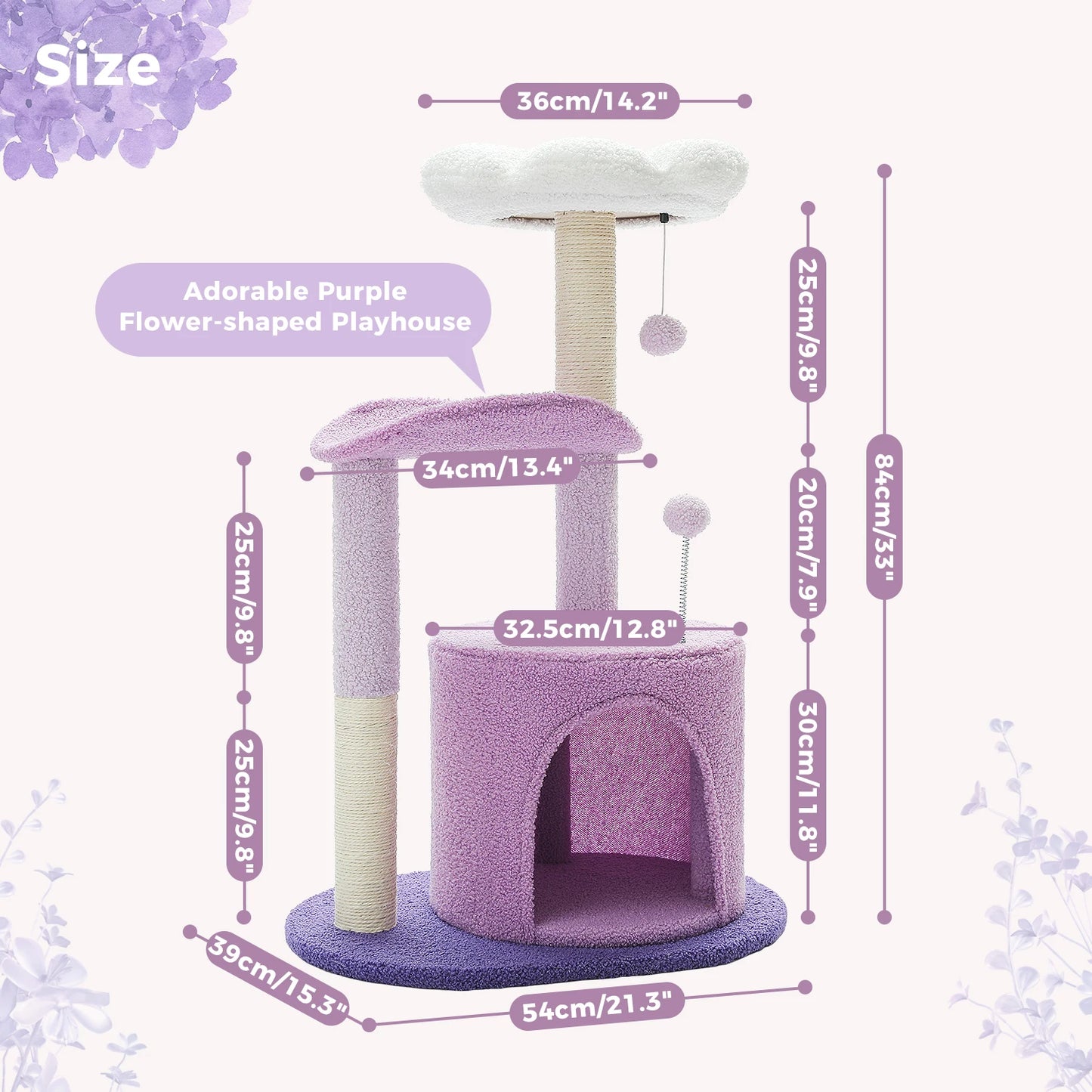 Flower Cat Tree for Cats, Small Cat Tower with Sisal Scratching Post, Soft Condo, Plush Perches, Fluffy Balls, Cat Toys