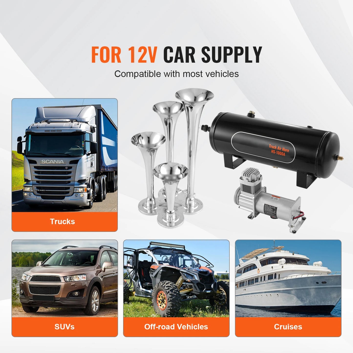 Train Horns Kit, 4 Trumpet Air Horn Kit, 150dB Train Horns 12V 120 psi Air Compressor for Car Truck Train Van Boat Pickup