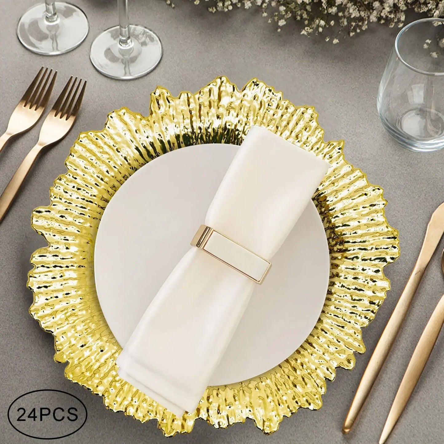 Gold Chargers PP Plate Decoration Table Setting, Round Salad Reef Plate for Wedding Christmas Dinner,24Pcs