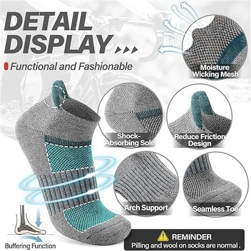 6 Pairs Wool Ankle Running Hiking Socks, Compression Support, Breathable Thick Cushion. No Show Socks for Women Men