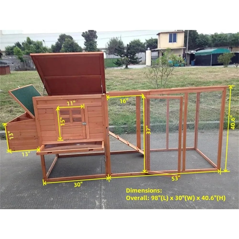 Large 95" Deluxe Solid Wood Chicken Coop, with Run, Nesting Box