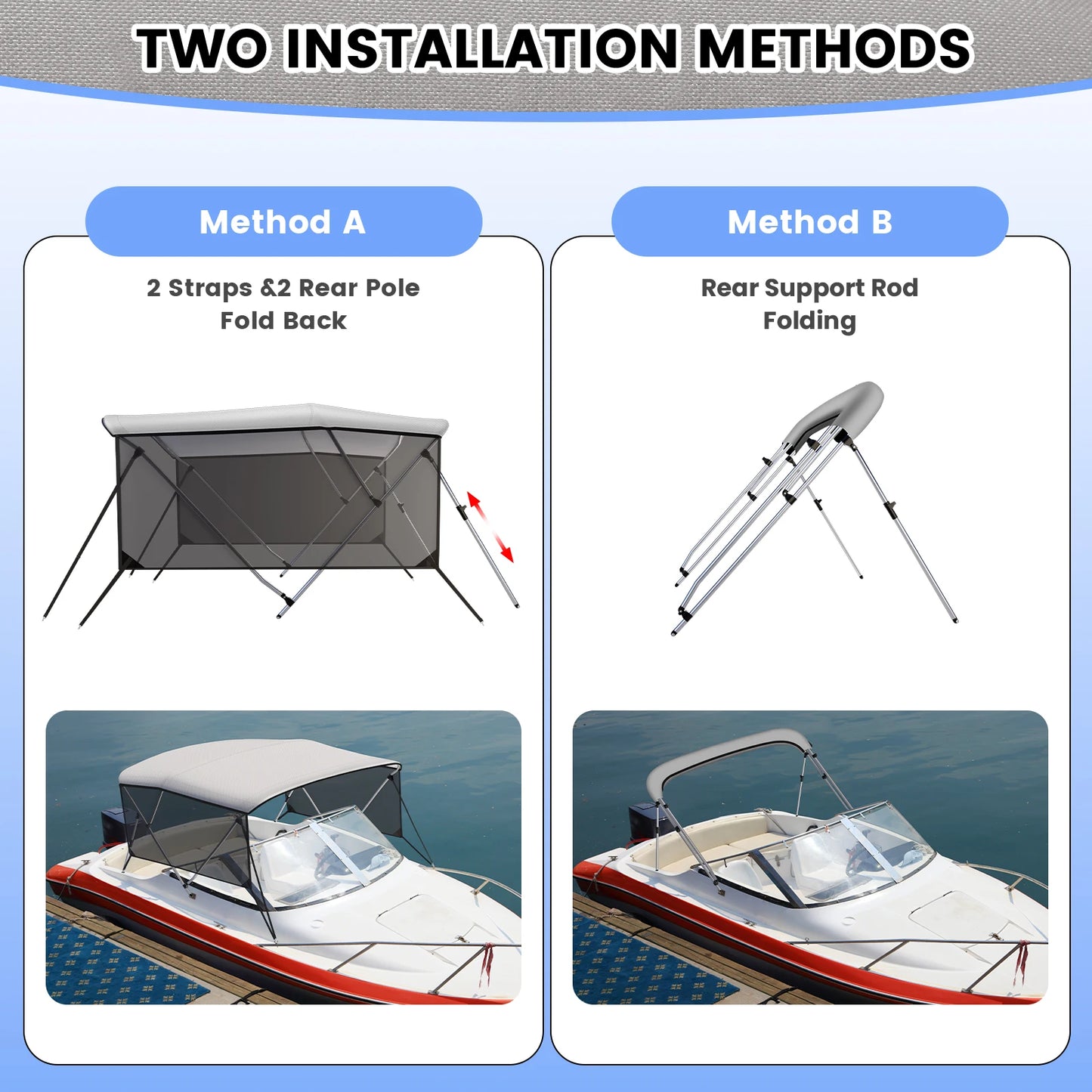 Adjustable Rear Support Poles 3 Bow Bimini Tops with Mesh Sidewalls for Boats Waterproof Marine Grade Canvas Easy Installation