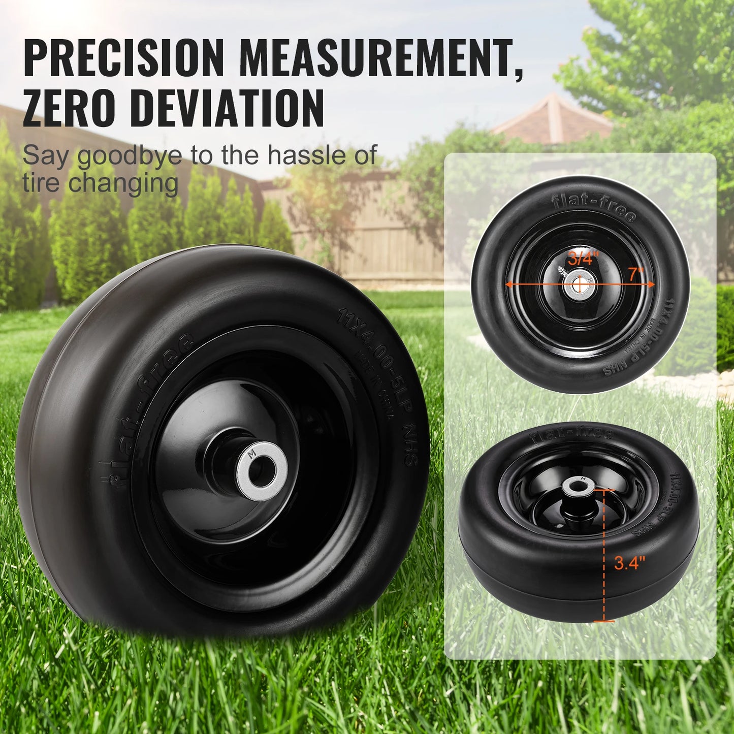 Tubeless Mower Wheels, Pair of Flat-Free PU Tires on Rims 3.4" Hub 3/4" Bushing Suitable for Riding Mower & Lawn Tractor