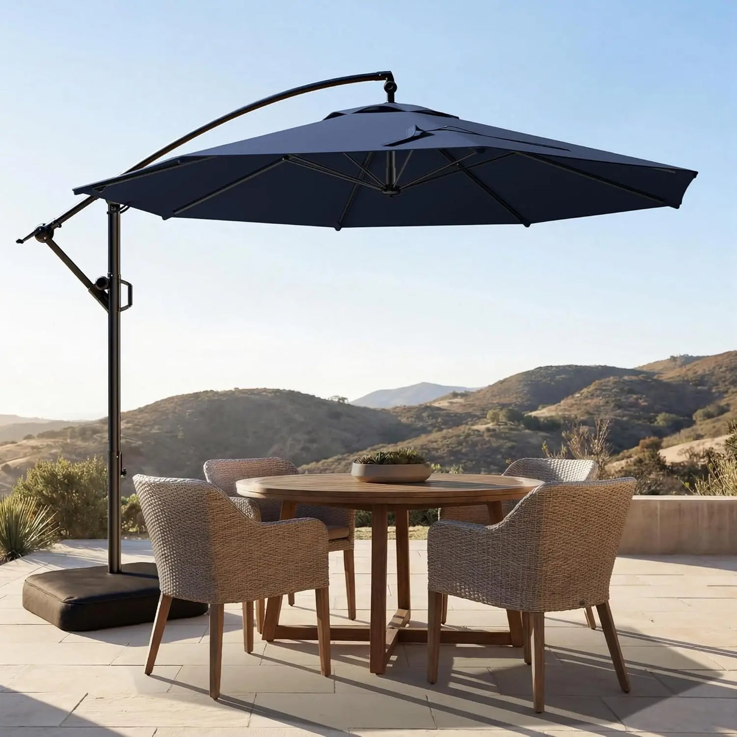 10ft Offset Patio Umbrella - w/Base, Cantilever Offset Hanging Patio Outdoor Umbrella. UPF50+ UV Protection