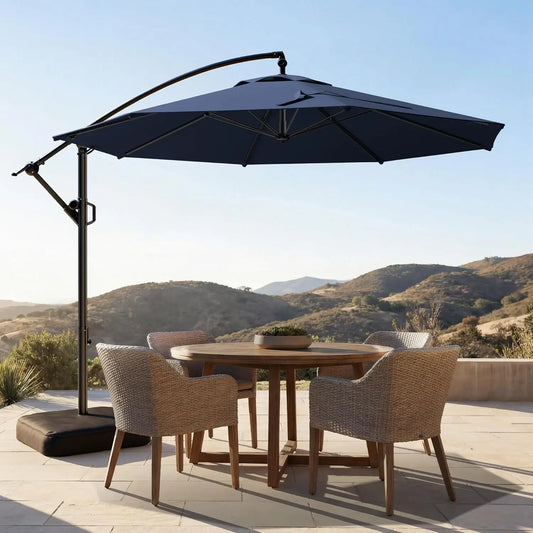 10ft Offset Patio Umbrella - w/Base, Cantilever Offset Hanging Patio Outdoor Umbrella. UPF50+ UV Protection
