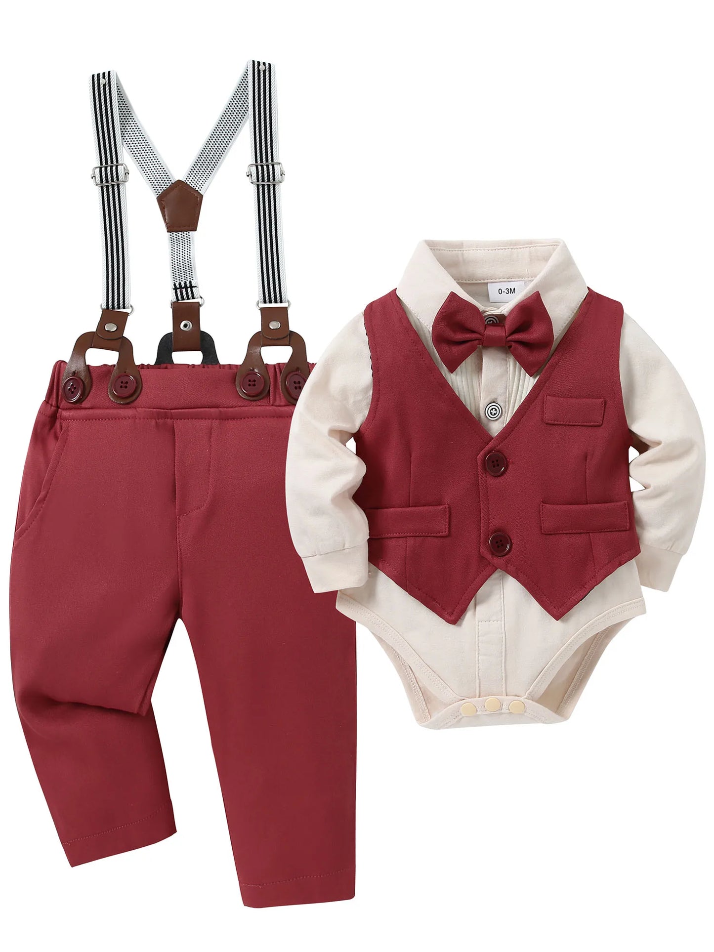 Baby Boy  0-18 Months Infant Boy Gentleman Set, Dress Shirt+Vest+Suspender Pants+Bowtie