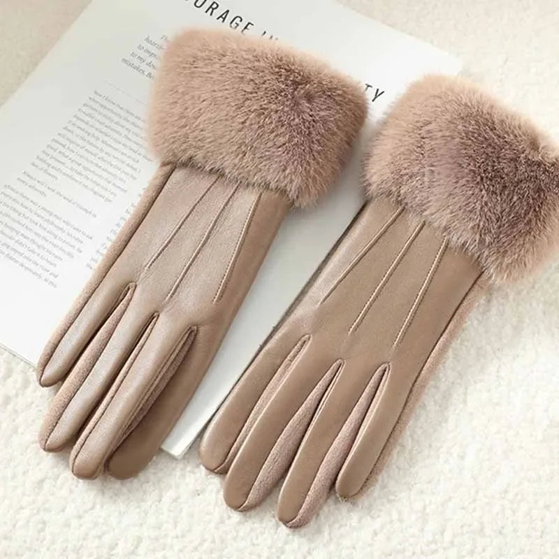 Winter Luxury Women's  Leather Gloves, Wrist Length Soft Faux Fur Trim Cuff