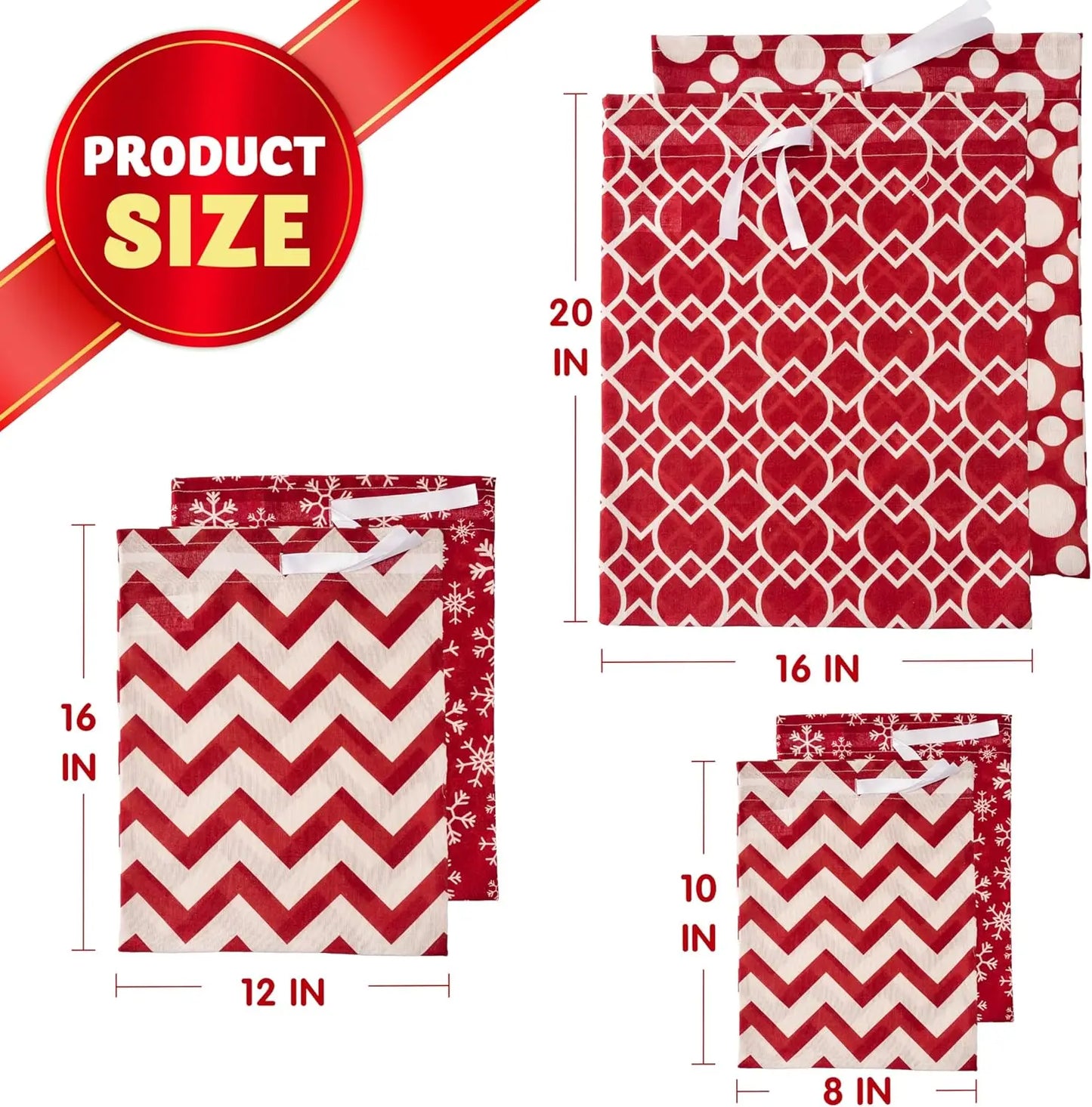 6 PCs Fabric Gift Bags, Red Elegant Color with 3 Sizes for Each Season holiday