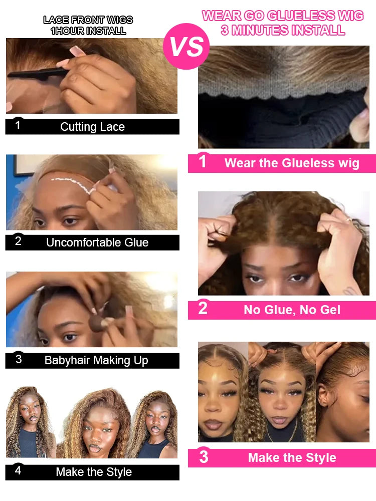 Wear and Go Glue less Wigs, Highlight Ombre Curly Wigs Brown 13x4 HD Lace Frontal Human Hair Wigs