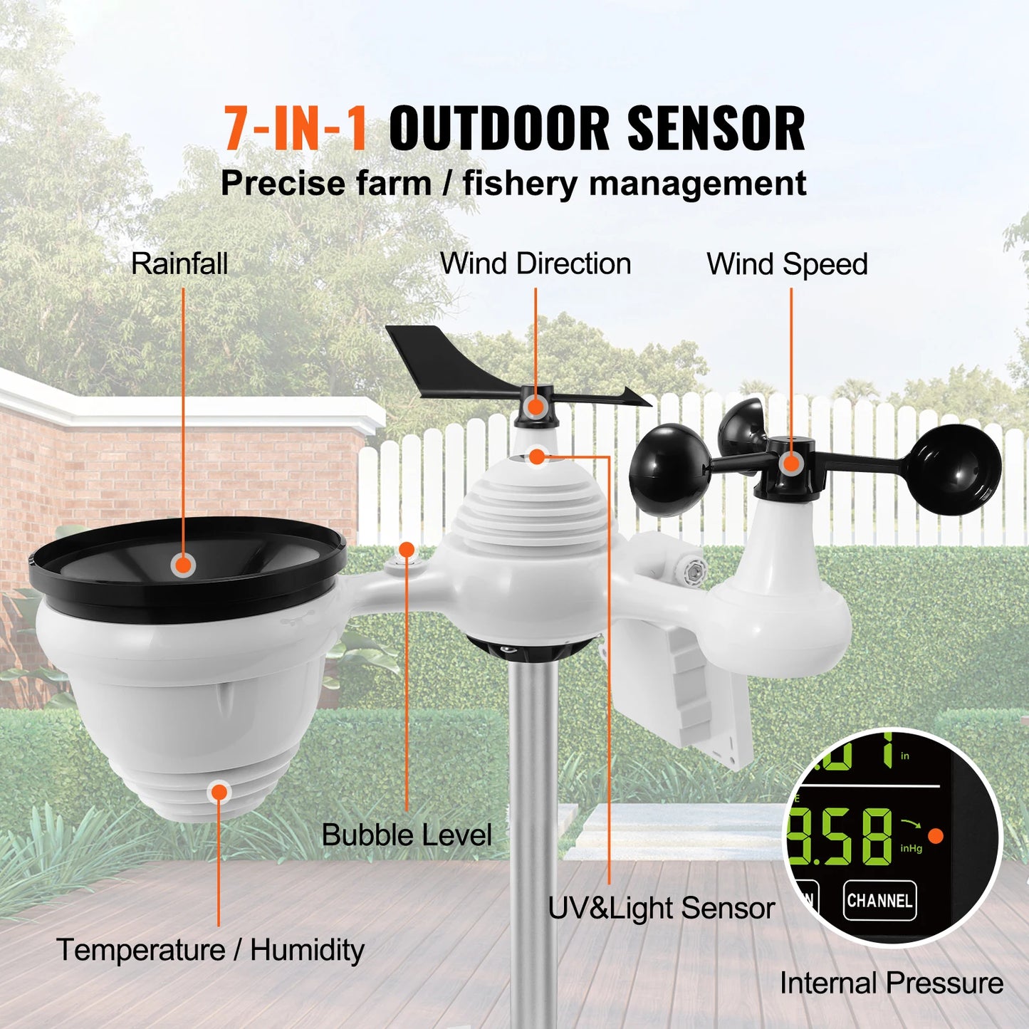 7-in-1 Wi-Fi Weather Station, 7.5 in Color Display + Solar Wireless Outdoor Sensor Alarm Alerts for Temperature Humidity