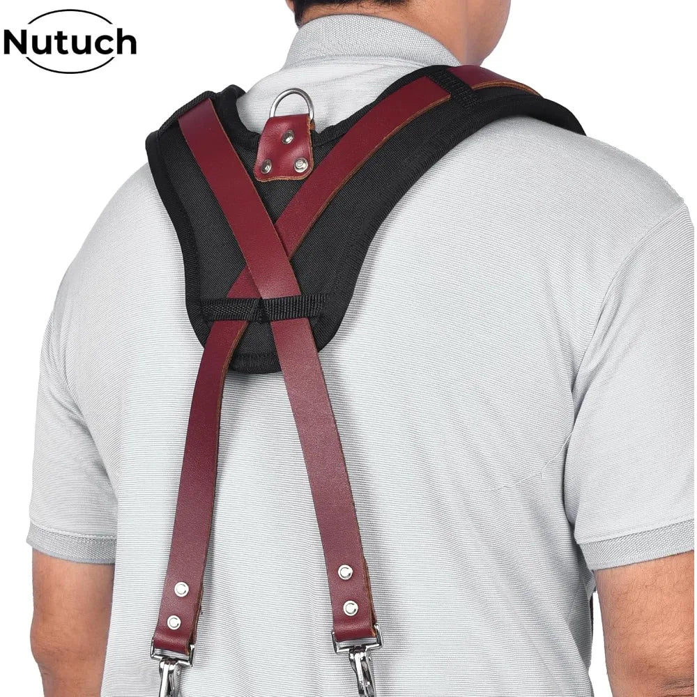 Heavy Duty Leather Work Suspender With Pockets | Fully-Adjustable Padded Leather Tool Belt Suspenders for Men