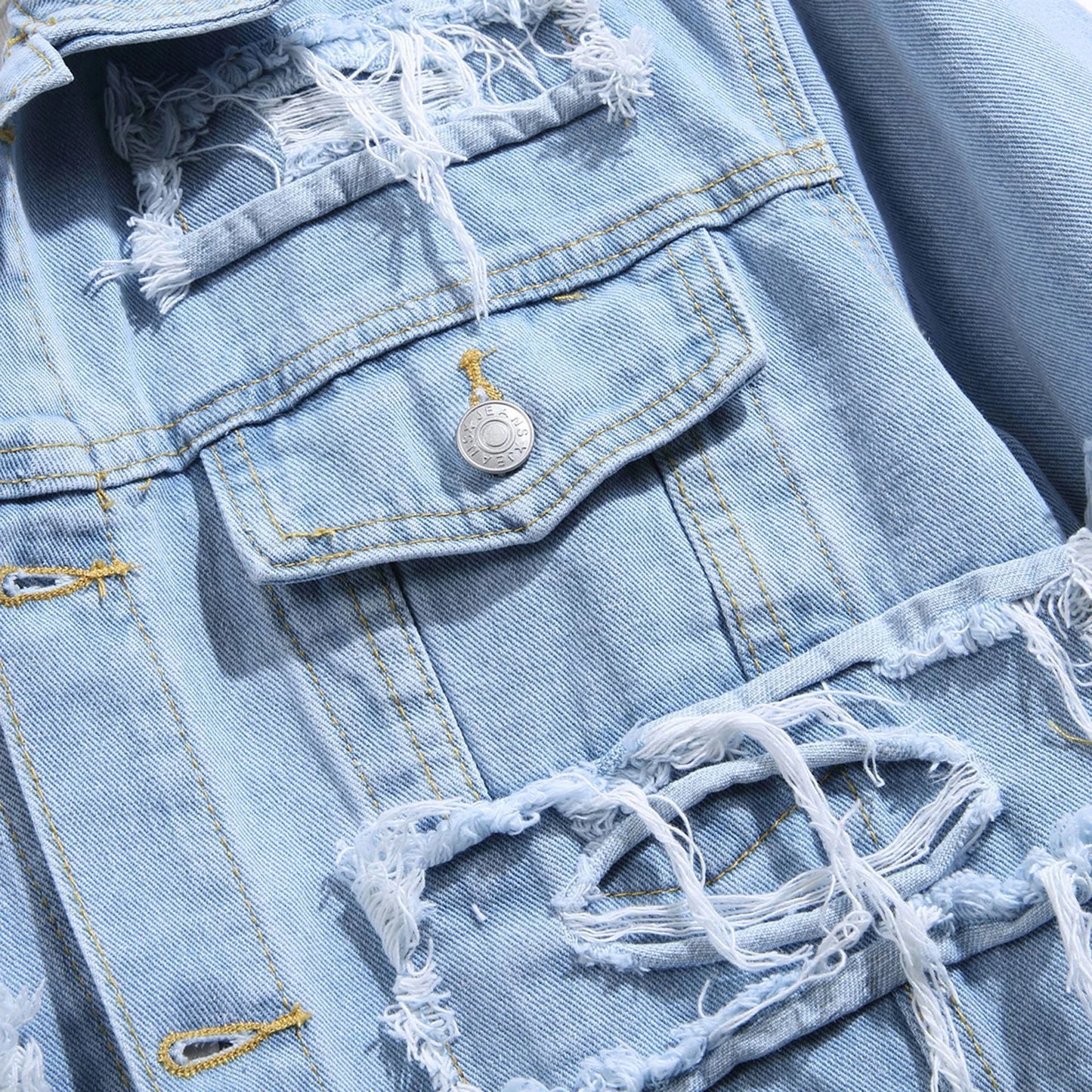 Men's Destroyed Jeans Jacket With Patchwork  Ripped Denim