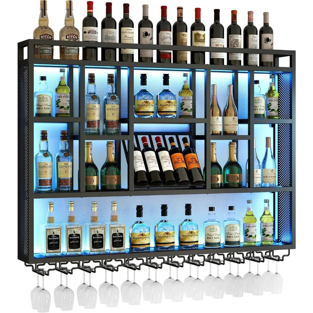 4-tiers 59in wine rack wall mounted with led light, floating bar shelves for liquor bottles, metal industrial hanging display shelf