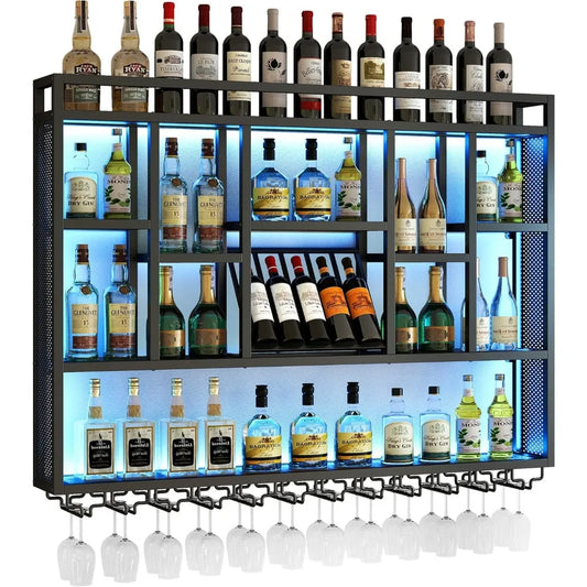 4-tiers 59in wine rack wall mounted with led light, floating bar shelves for liquor bottles, metal industrial hanging display shelf