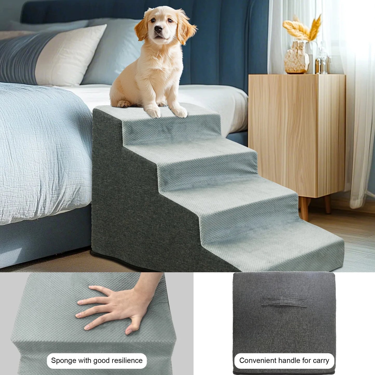 3/4 Steps High Density Foam Dog Stairs Ramp, for High Beds and Sofa, Non-Slip with Washable Cover