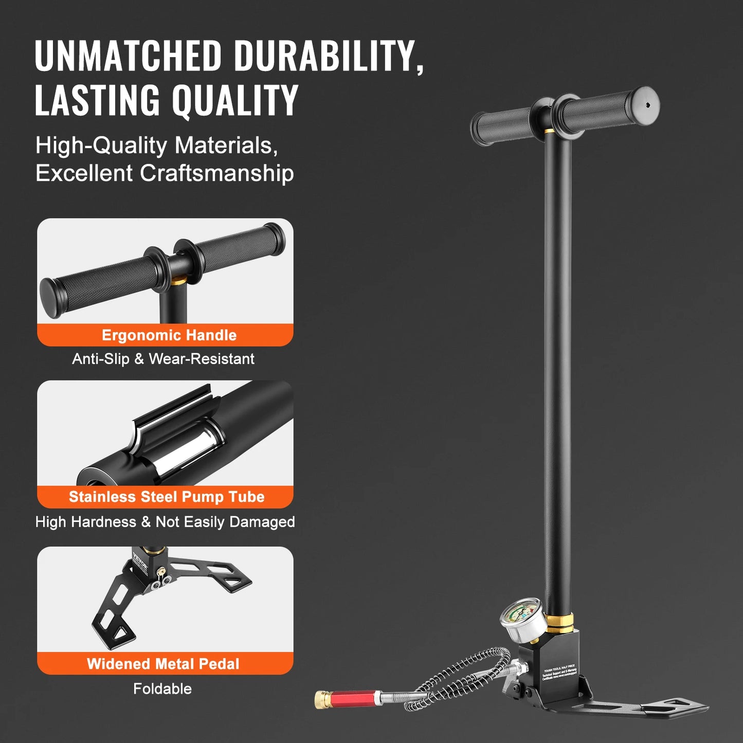 Manual 3 Stage PCP Pump + Pressure Gauge. Tire, Ball, Inflatable Air Gun Filling Stirrup High Pressure Hand Pump