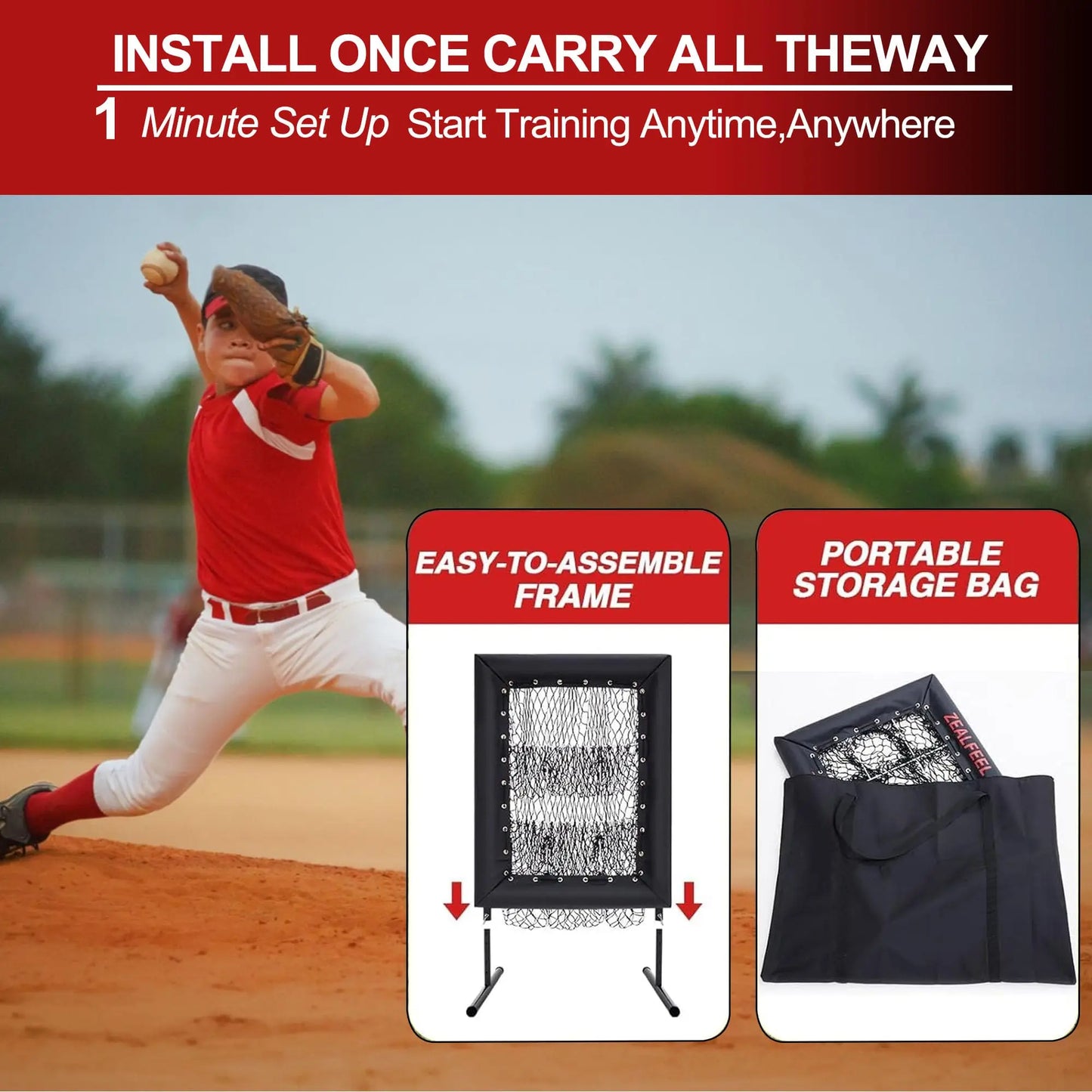 Adjustable Pitching Net,9 Holes Rebound Practice Net with Strike Zone, 5-Level Trainer w/Carry Bag & Ball for Softball, Baseball