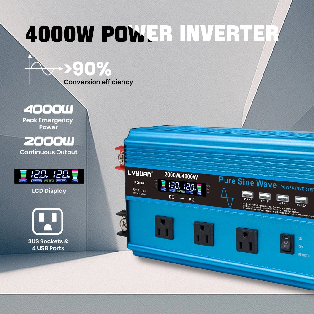4000W Pure Sine Wave Inverter DC 12v/24v To AC 110v 60HZ Voltage Converter Car Solar Power Inverter