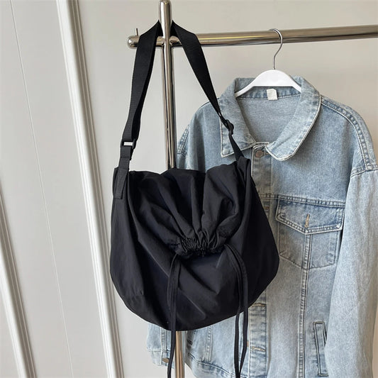 Women Drawstring Shoulder Bag Solid Color Sling Bag Adjustable Strap Lightweight