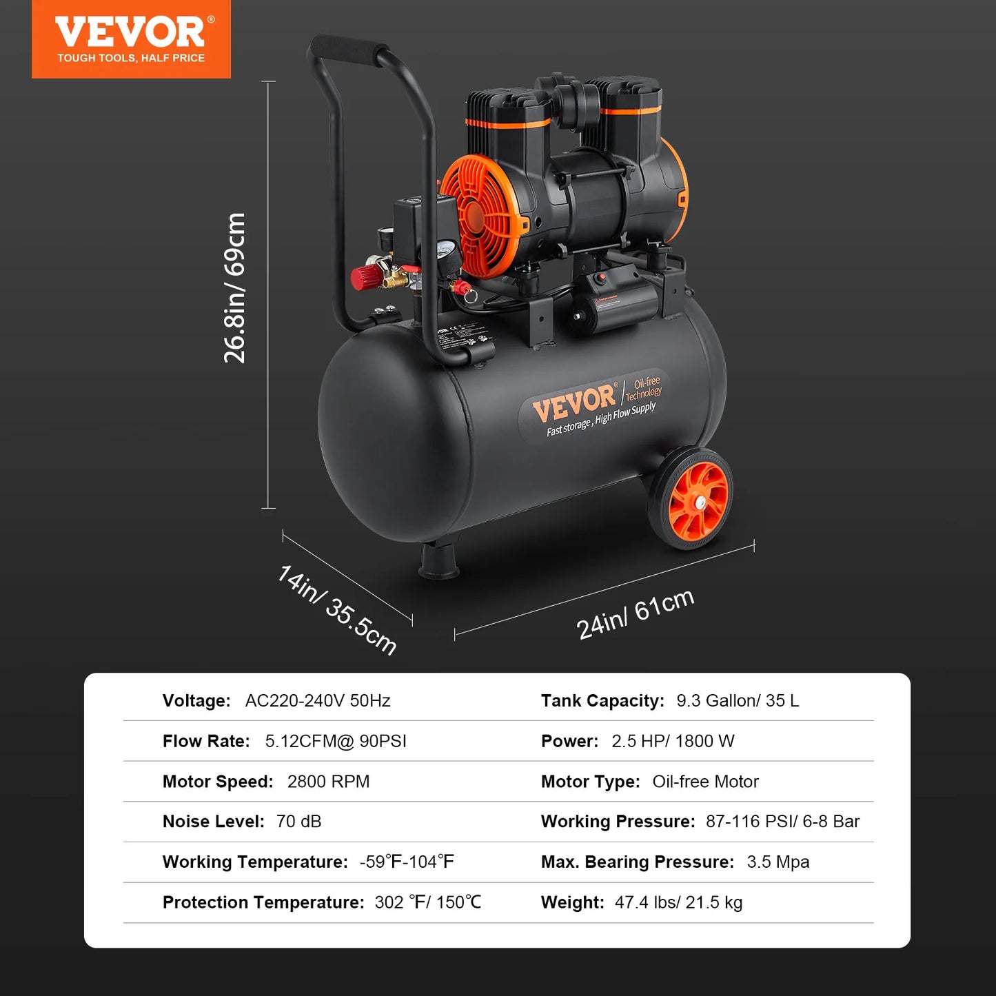 Silent Air Compressor, 900W/1450W/1800W. 120/240 V Quiet Oil-free Portable Air Pump. Inflates Tires, Balls, Air Mattress, Water Sports, Power Tools