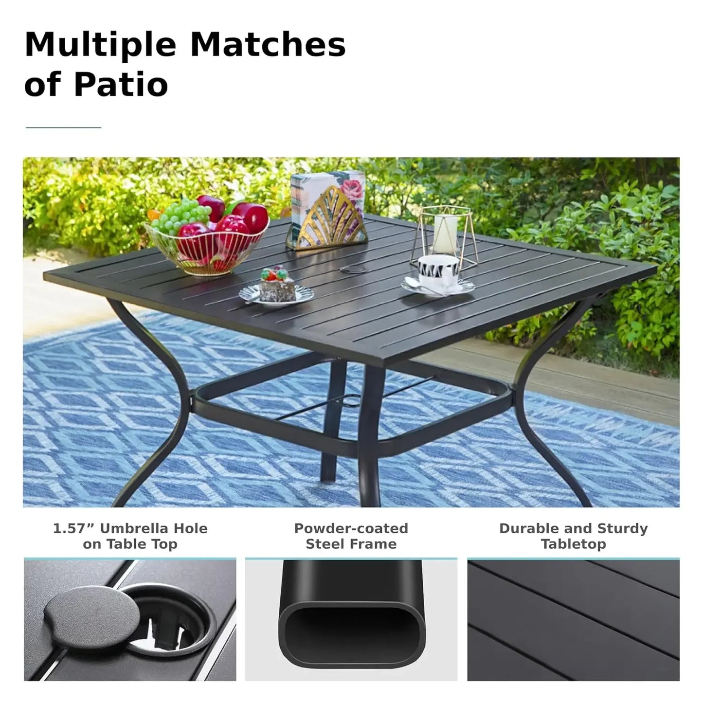 Outdoor Dining Set for 4, Patio Table and Chairs Set with Umbrella Hole, Metal Patio Furniture Set