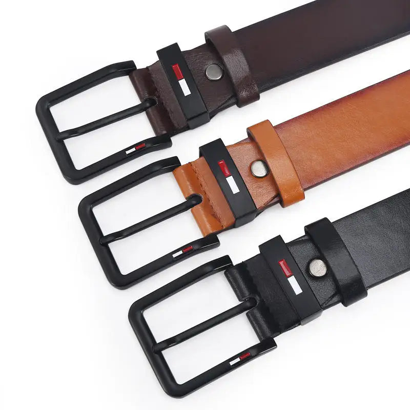 Men's Leather Alloy Pin Square Buckle Belt. Black, Coffee, Brown