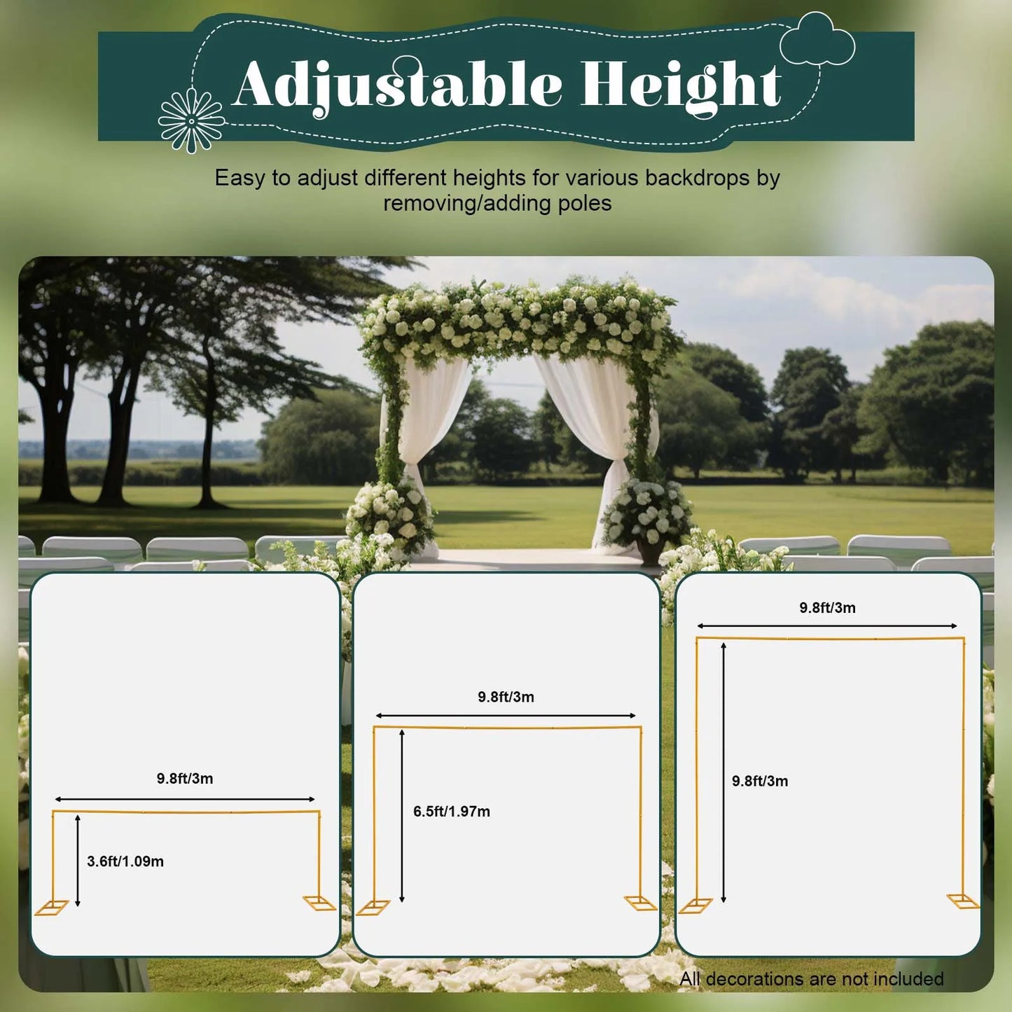 Adjustable Gold Square Wedding Arch Stand with Base, Heavy Duty Metal Backdrop Frame