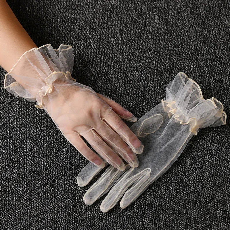 Women Short  Gloves, Summer Wedding White Black Elegant Gloves. Stretchy Lace Full Finger Mesh Transparent