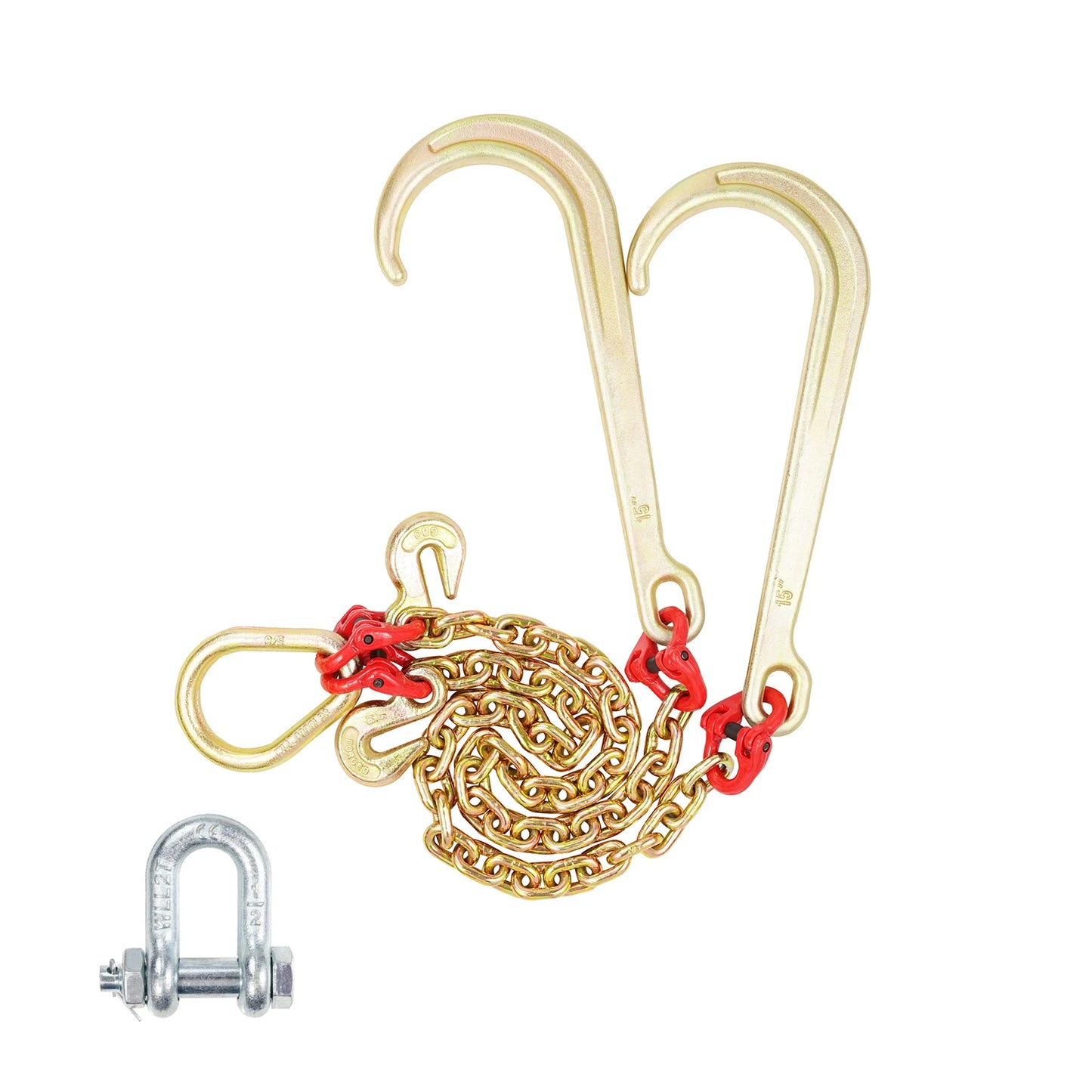 Towing Bridle Chain Towing with 15" J & Grab Hooks Transport Tow Chain Bridle for Flatbed Truck Wrecker Recovery