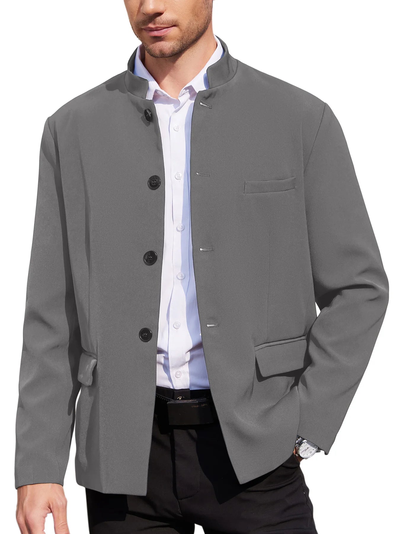 Mens Casual Suit Blazer Stand Collar Lightweight