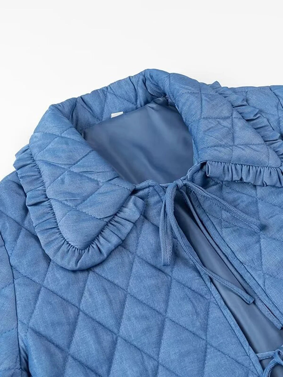 Women Lightweight Cotton Jacket, with pockets and Ruffled Doll Collar Lacing