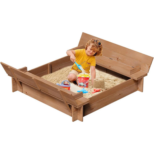 Wood Sandbox with Lid, Spacious Outdoor Play Area with Foldable Bench Seats with Cover Bottom Liner for Backyard