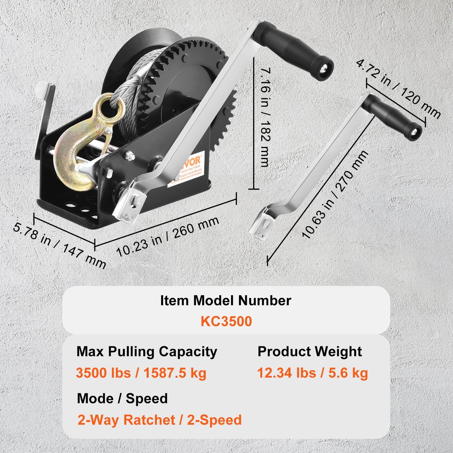 Boat Trailer Hand Winch, Heavy Duty Crank with 33 ft Steel Wire Cable and Two-Way Ratchet for Trailer Boat
