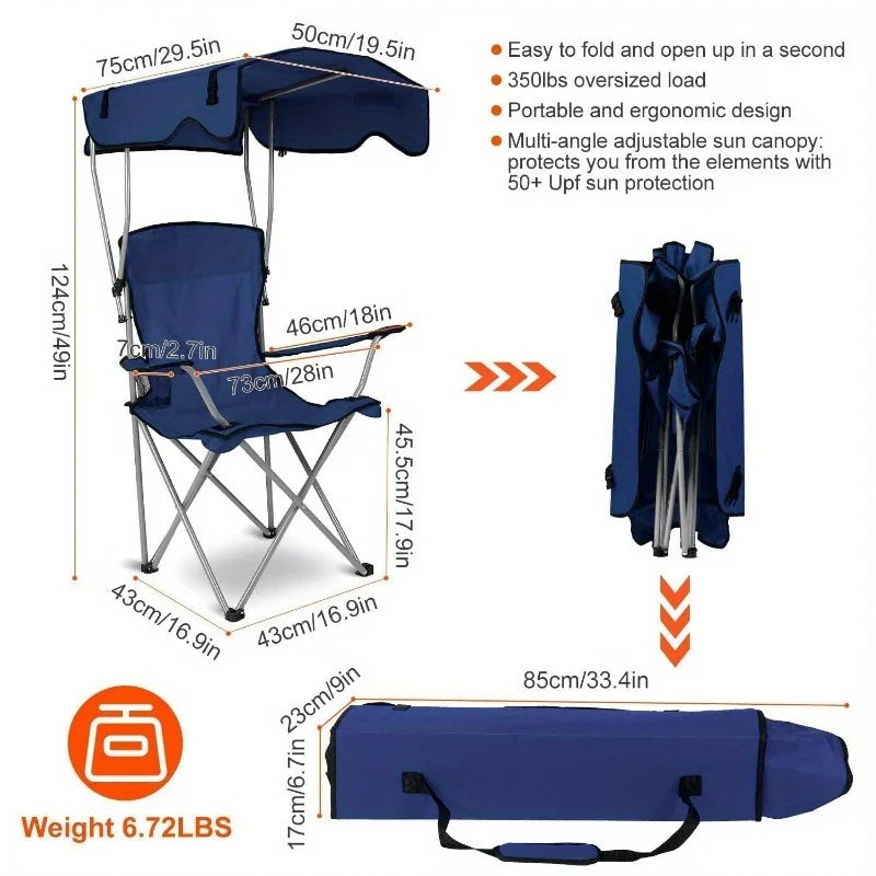 Camping Chair With Canopy, Outdoor Folding Lounge Chair With Adjustable UPF 50+ Sun Shade & Cup Holder