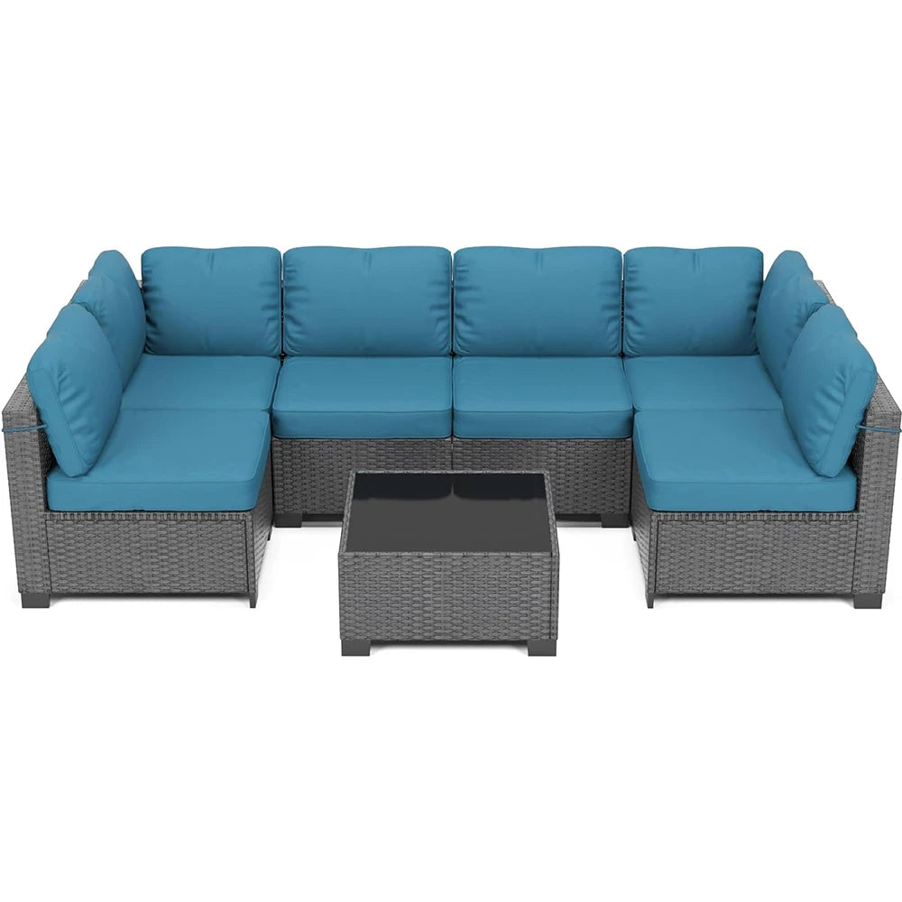 7-Piece Sectional Patio Set, Wicker Outdoor Sofa With Cushions & Glass Coffee Table