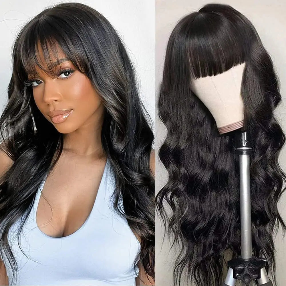 Body Wave Human Hair Wigs with Bangs 3X1 Middle Part Lace Wig Pre Plucked, Glue less Wigs For Women