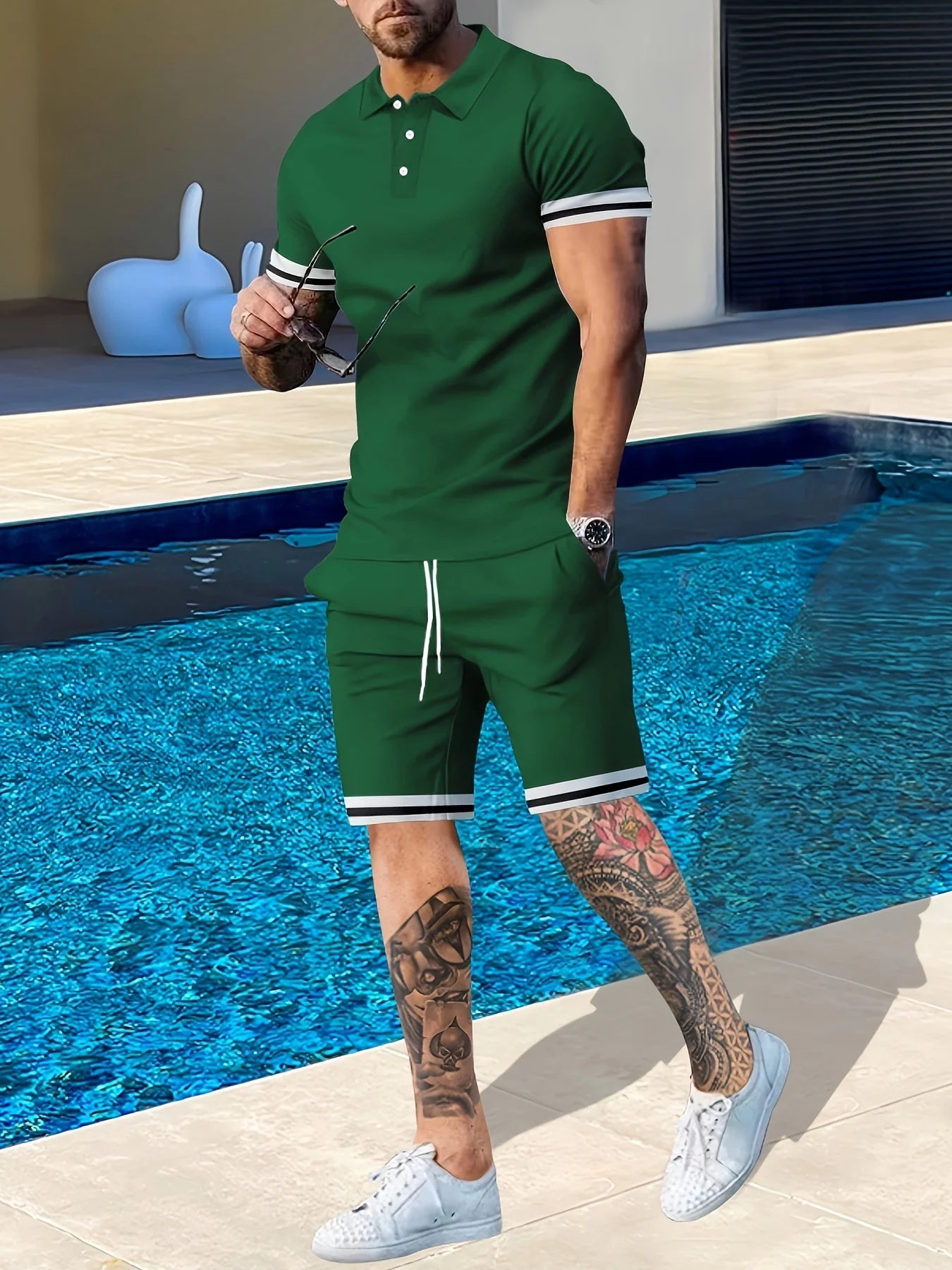 Men's Summer Short Sleeve Polo Shirt and Shorts, Two-Piece Set
