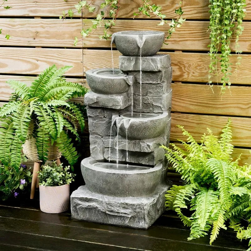 33 inch Cascading Bowls and Stacked Stones LED Outdoor Water Fountain