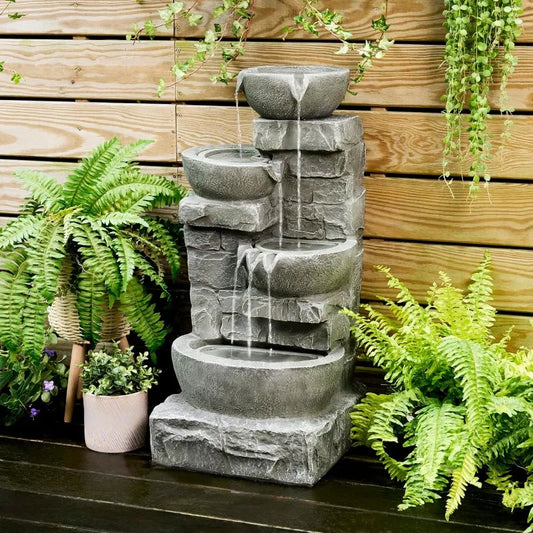 33 inch Cascading Bowls and Stacked Stones LED Outdoor Water Fountain