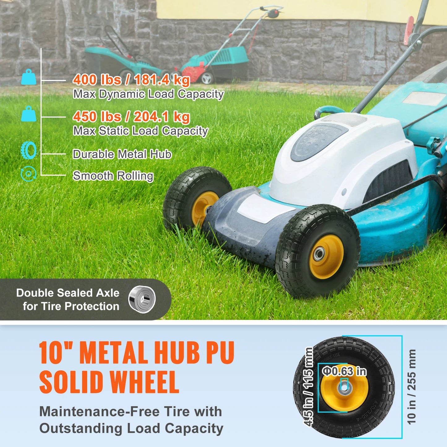 2-Pack Solid PU Run-Flat Tire  and Wheel, 10" Flat Free Tubeless Tires and Wheels for Dollies Garden Trailers Various Carts