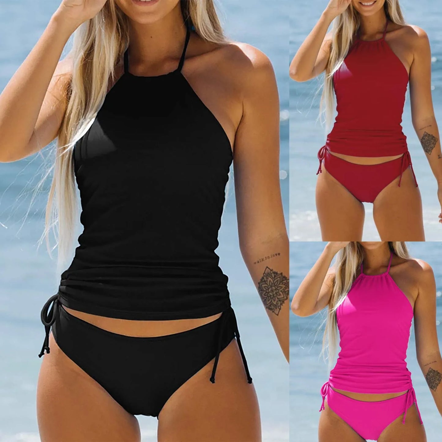 Women's Swimsuit Sleeveless Backless Crop Top. Solid Color Bathing Suit