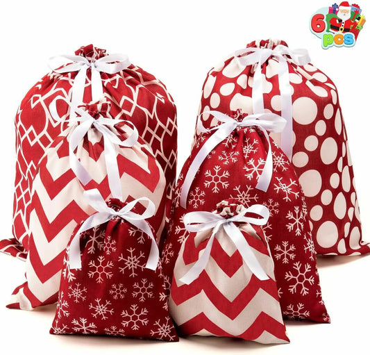 6 PCs Fabric Gift Bags, Red Elegant Color with 3 Sizes for Each Season holiday