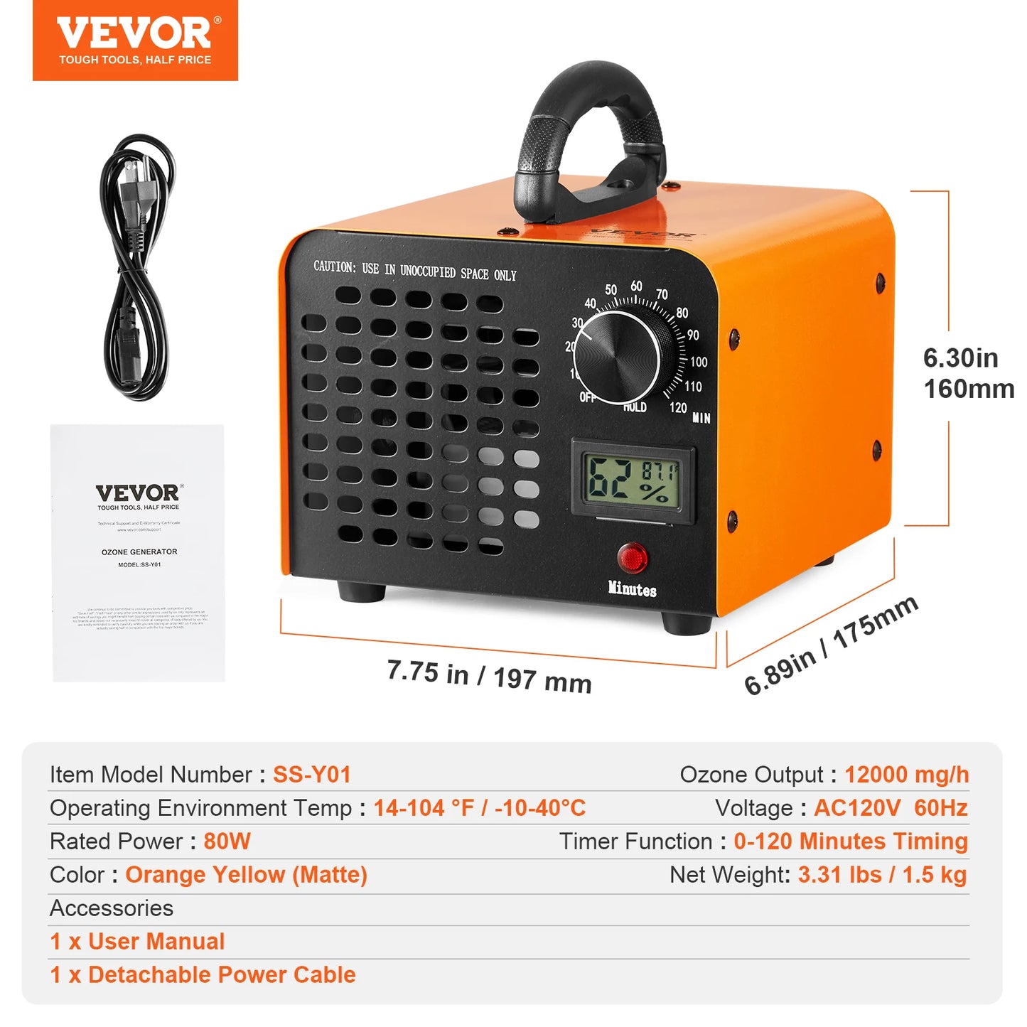 Ozone Generator; 12000, 36000, 24000mg/h Ozone Machine Odor Remover. High Capacity Commercial/Industrial Ozone Generator