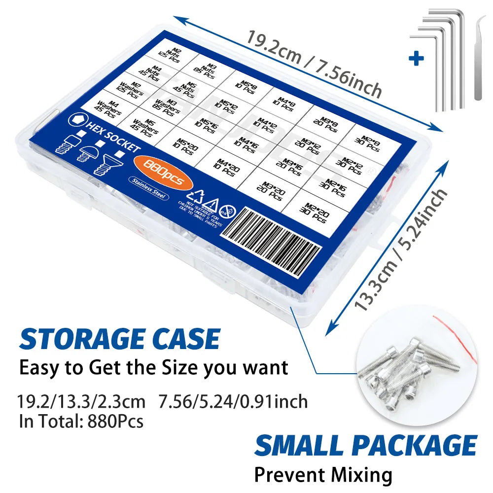 880Pcs Hexagon Hex Socket Head Cap Screw Set M2 M3 M4 M5 304 Stainless Steel Nuts & Washer Assortment Kit