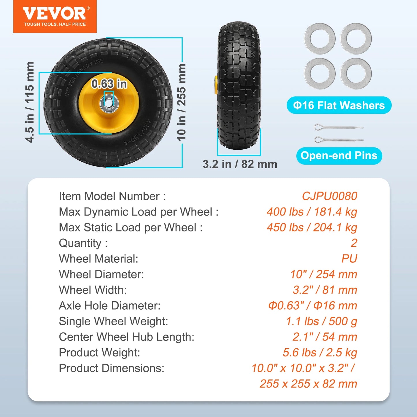 2-Pack Solid PU Run-Flat Tire  and Wheel, 10" Flat Free Tubeless Tires and Wheels for Dollies Garden Trailers Various Carts