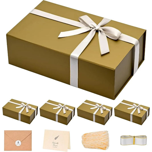 Magnetic Gift Boxes 5 Pack 13.85 x 8.35 x 4.45 Inch Rectangle Collapsible Boxes with Lids and Ribbon Shredded Paper Filler Gift