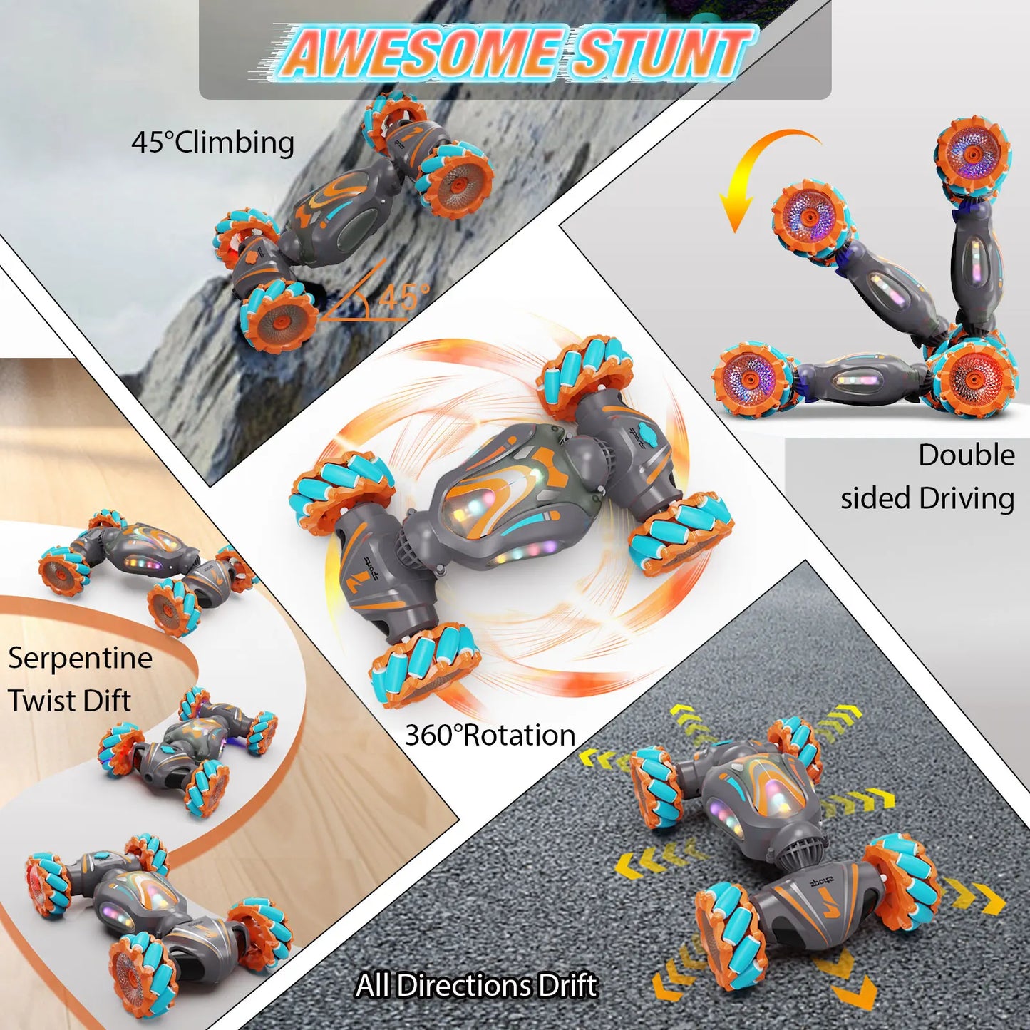 Gesture Sensing RC Stunt Car 4WD Hand Controlled 360° Rotate Transform Drift Birthday Gifts Toys for Kids with Light & Music