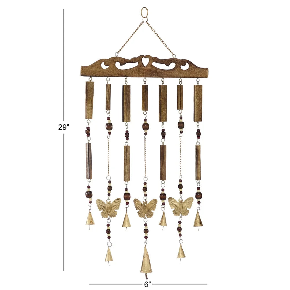 26 Inch Brown Wood Butterfly Wind Chime with Beads