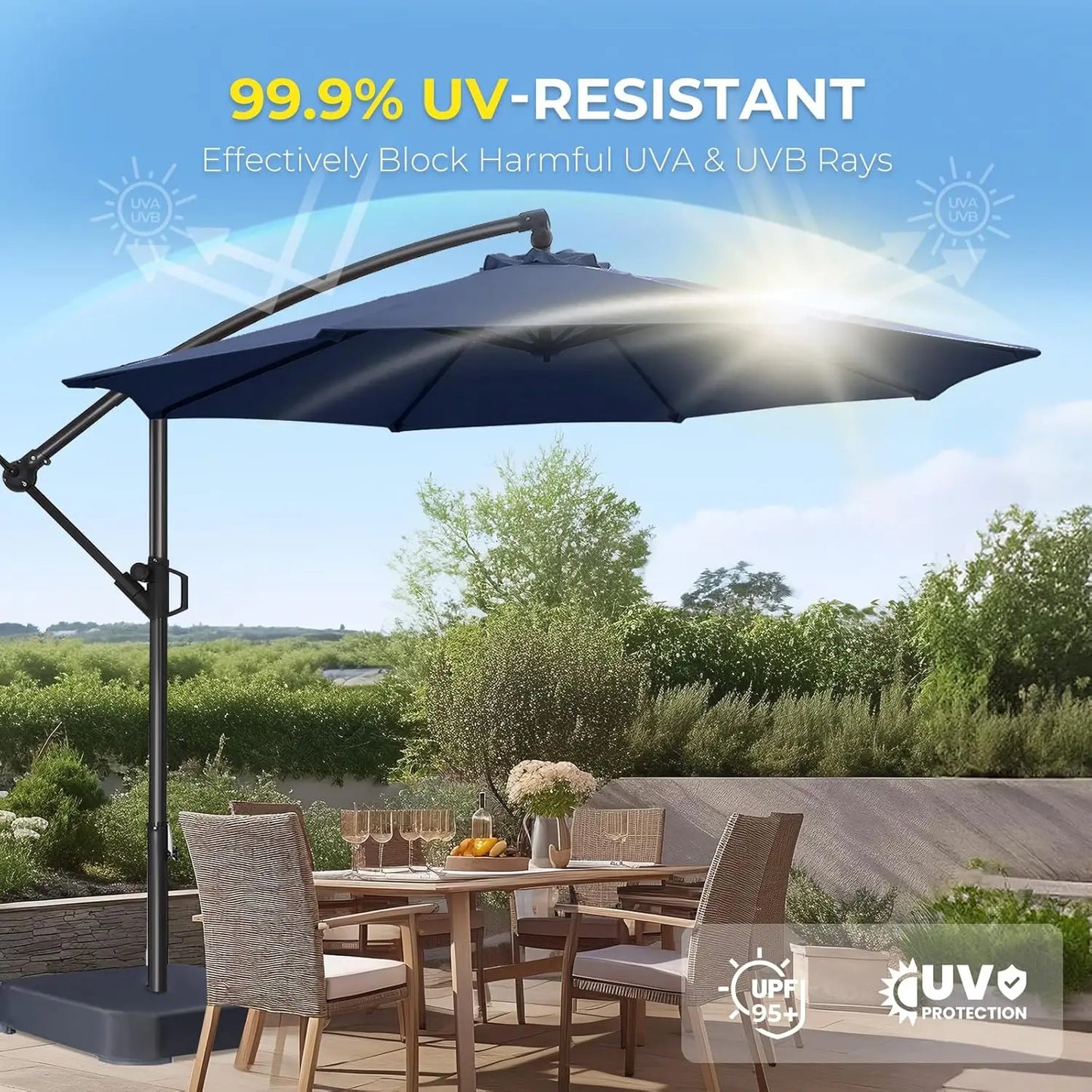 10ft Offset Patio Umbrella - w/Base, Cantilever Offset Hanging Patio Outdoor Umbrella. UPF50+ UV Protection